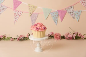 Giant cupcake cake smash session pink flowers bunting birthday photo Samphire sussex