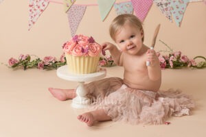birthday Cake Smash Giant Cupcake pink bunting flowers tutu photo horsham sussex