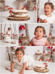 montage bespoke first birthday cake smash baby girl portraits woodland fairy toadstools by Samphire Photography Horsham