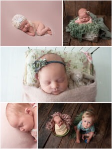 montage of baby girl studio portraits pink green floral lace newborn photographer near me Horsham Sussex by Samphire Photography