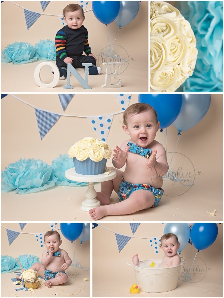 birthday boy in blue with balloons bunting cake smash photographer west sussex Samphire Photography