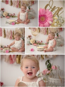 birthday girl pink gold floral cake smash west sussex by Samphire Photgraphy