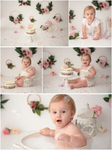 cake smash near me one year first birthday girl pink floral studio portraits Samphire Photography