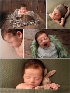 newborn photographer sussex baby boy neutral natural browns green knit layers fur wood bunny by Samphire Photography