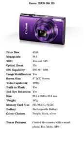 Comparison specifications for the Canon Ixus 285 HS cameras for under £150
