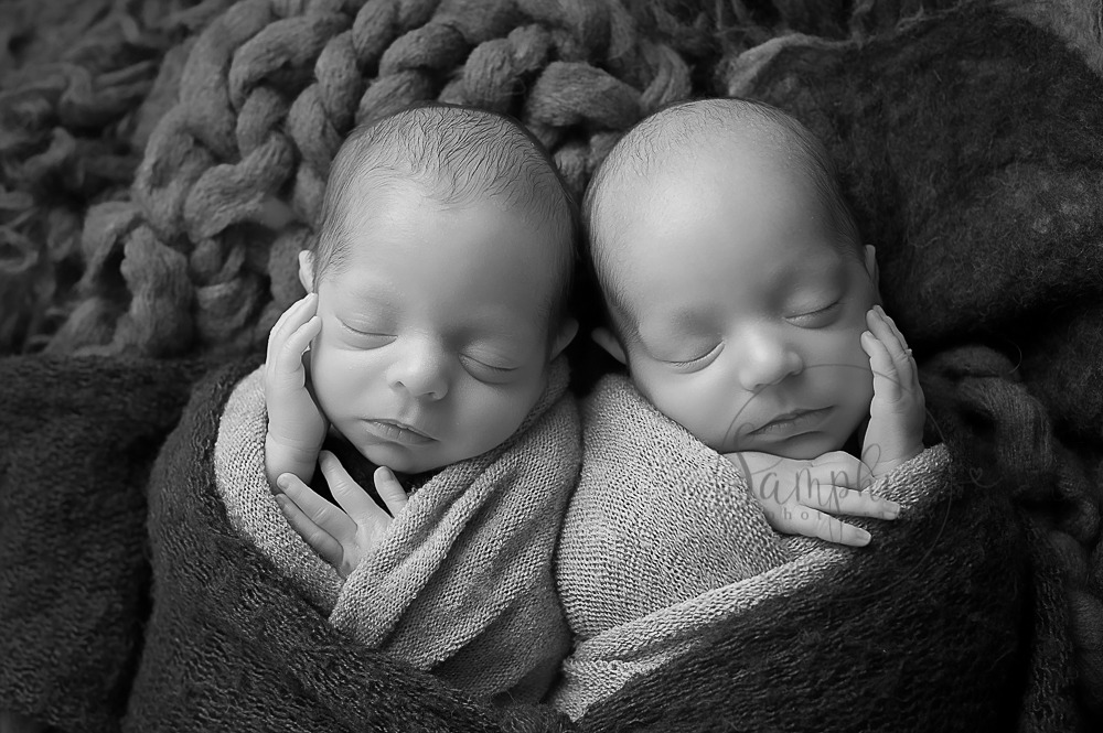 baby twins photgrapher Sussex black and white asleep knits wraps layers studio portrait Samphire Photography