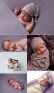 Sussex newborn baby pictures sleeping girl purple knits layers bonnets Samphire Photography