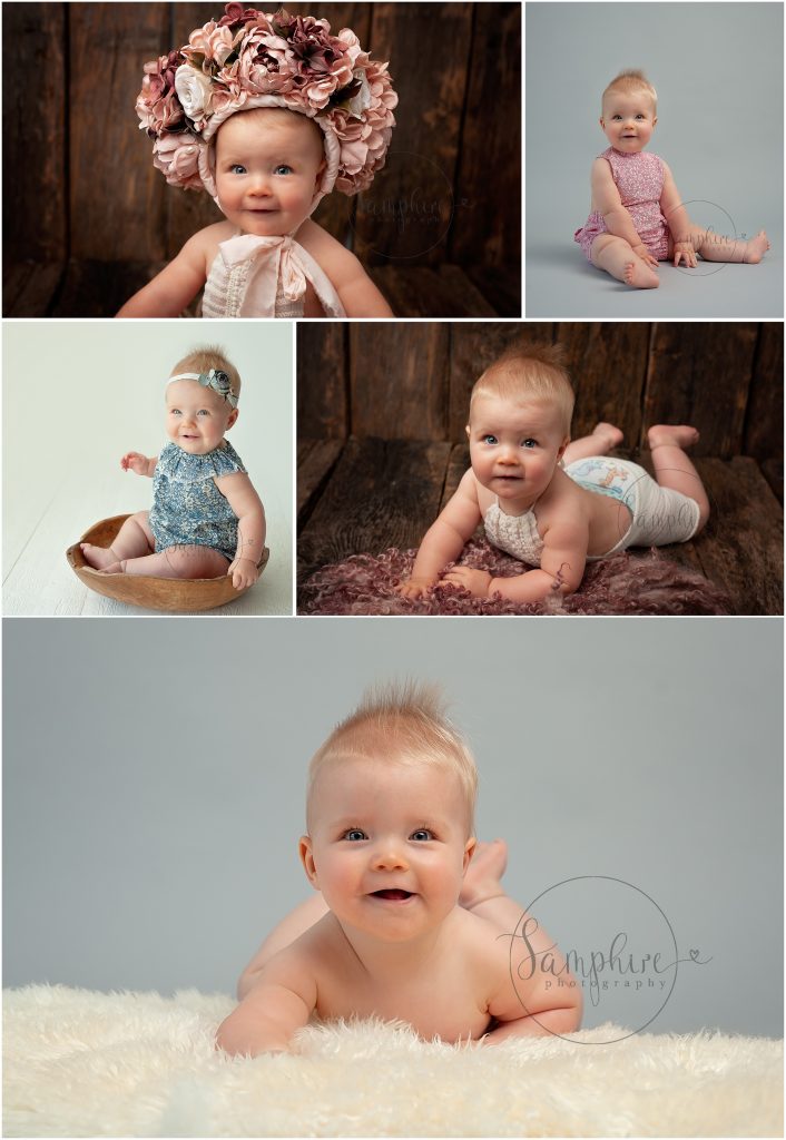 Baby Milestone Photographer West Sussex cute sitter girl bonnet Samphire Photography