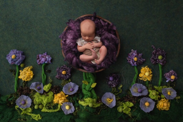 Girl Asleep in flower composite by Professional Newborn Photographer Sussex