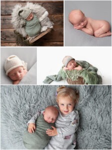 Professional Newborn Photographer Horsham baby boy asleep on green and grey with sibling Samphire Photography
