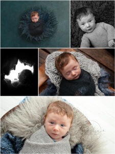 Baby photographer in Horsham smiling baby boy awake blue grey knitted romper flokati Samphire Photography