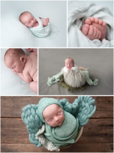 Newborn baby photographer in Sussex studio portraits boy asleep greys greens knits layers Samphire Photography