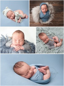 Newborn Photographs with older Sibling blue grey knits layers flokati by Samphire Photography