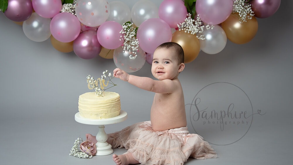 Beautiful Balloon Cake Smash pink grey gold Samphire Photography