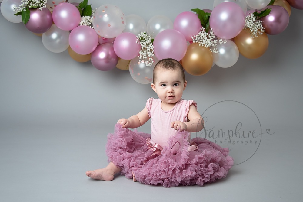Beautiful Balloon Cake Smash pink grey gold Samphire Photography