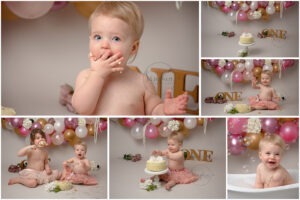 Samphire Photography pink gold Cake Smash with Sibling Horsham