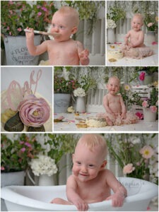 pink bespoke floral cake smash Samphire Photography Sussex