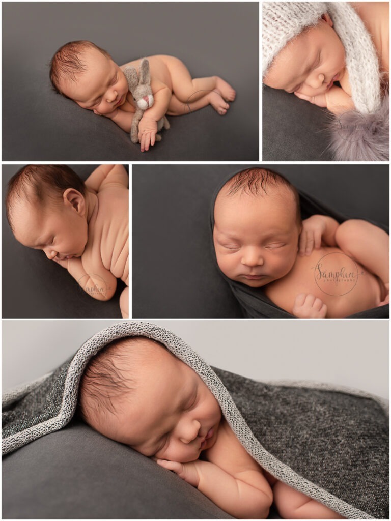 Newborn Photographer Henfield baby boy asleep grey background Samphire Photography