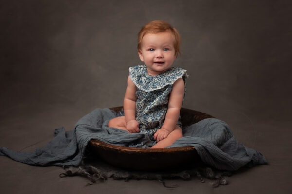 baby photo shoot girl sitting bowl blue Samphire Photography
