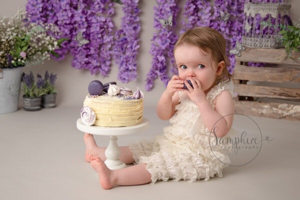 Cake smash photography near me Samphire purple floral