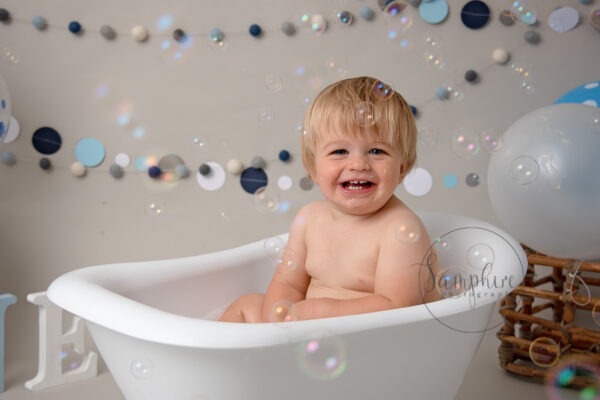 1st birthday photoshoot bubbles happy boy Samphire Photography