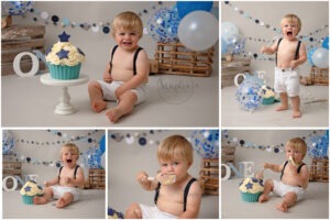 1st birthday photoshoot happy cake smash blue grey Samphire Photography