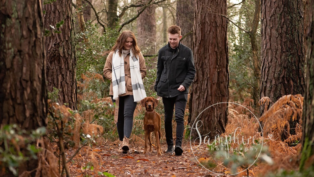 woodland autumn family photoshoot horsham for couple with dog