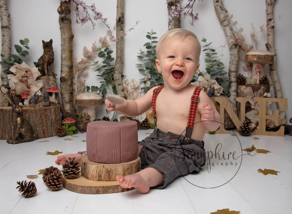 happy boy in the woodland with log cake showing what is a cake smash