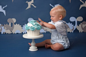 birthday boy investigates his blue dino cake