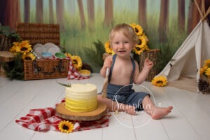Happy boy in his picnic themes cake smash with horsham photographer samphire photography