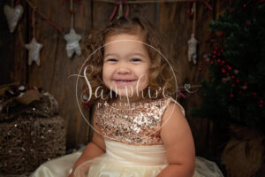 Little girl smiling in Christmas party dress