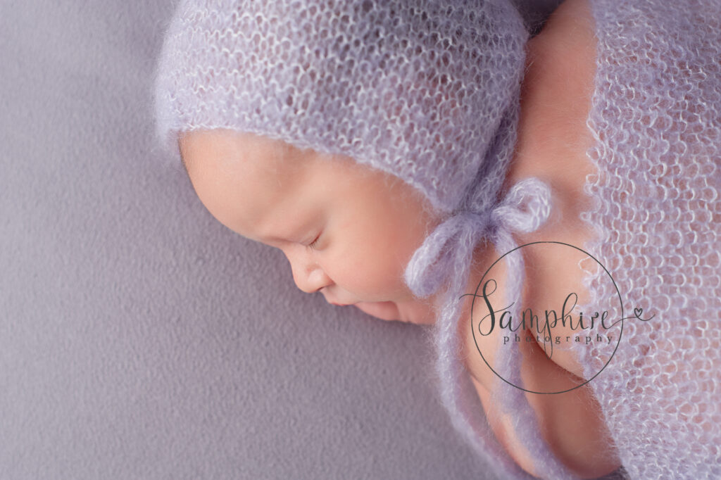 newborn photographer West Sussex lilac knitted bonnet